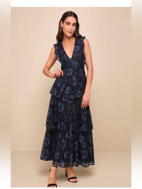 Lulus Molinetto Navy Blue Lace Ruffled Tiered Sleeveless Maxi Dress small